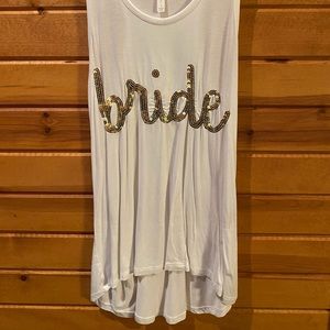 David’s Bridal white bride tank top with sequin gold letters. Work once. Size S.